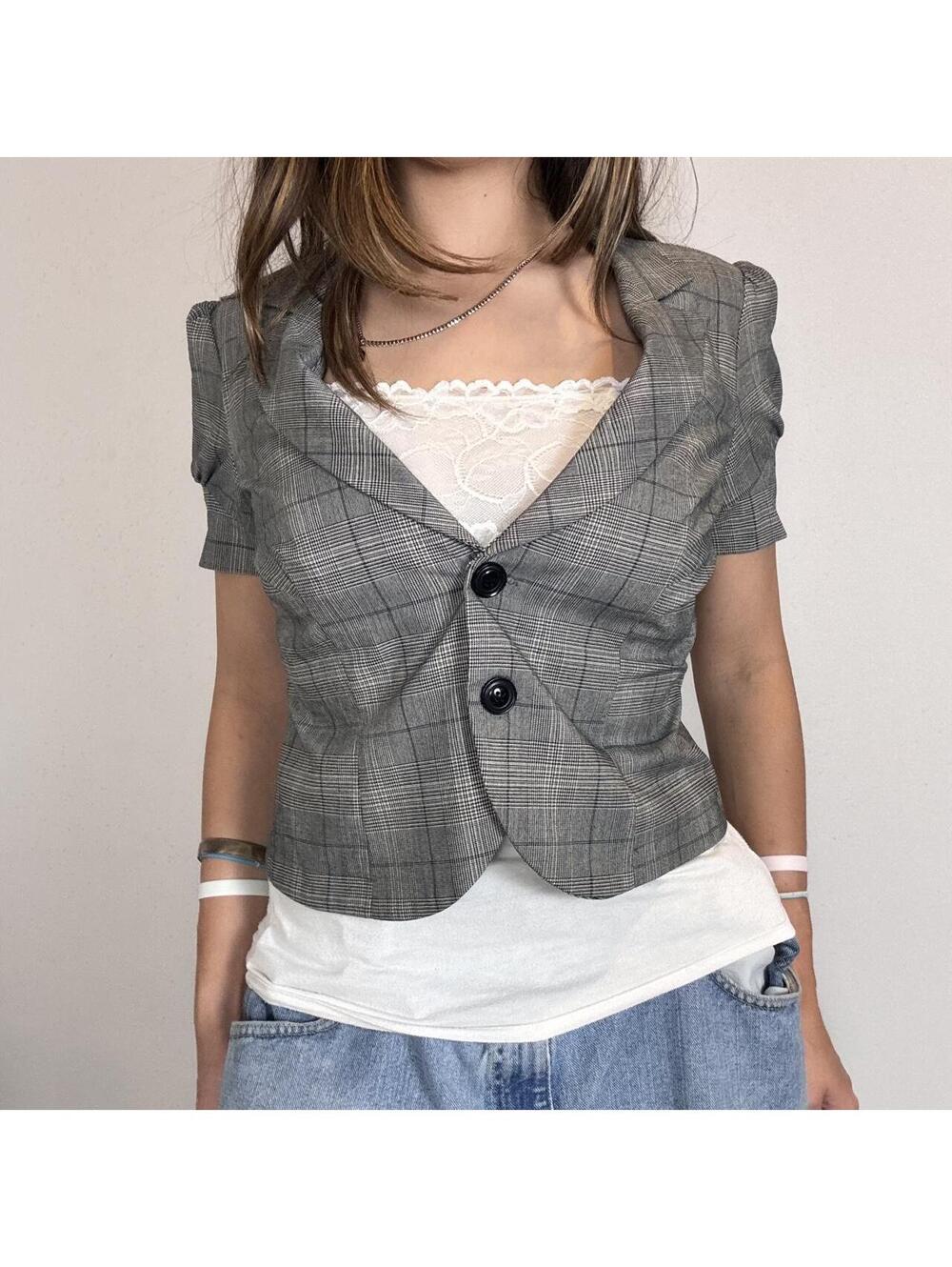 Vintage gray plaid cropped blazer jacket puff sleeves big buttons MKM Designs M